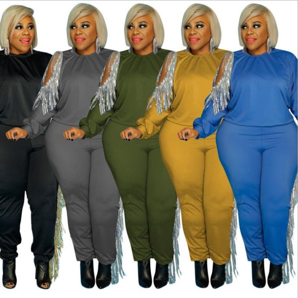 

women's two piece pants shzq casual plus size women tassels sets autumn winter lady's o-neck full sleeve sweatshirts high waist sp, White