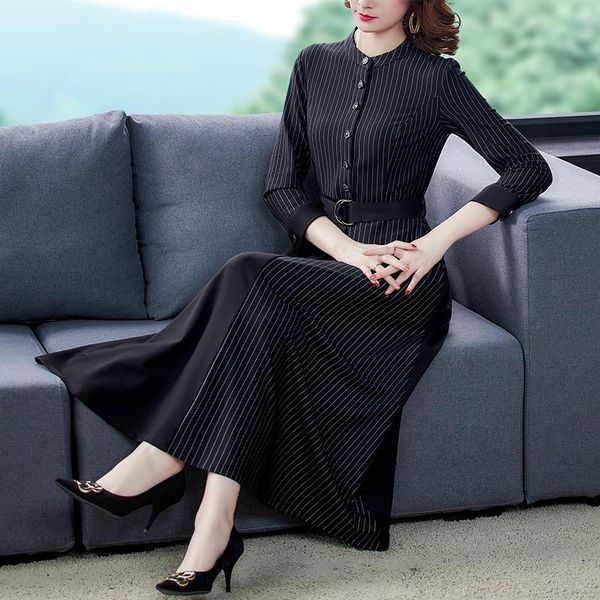 

casual dresses autumn vintage black striped midi 2021 spring 5xl plus size maxi dress women elegant bodycon party vestidos, Black;gray