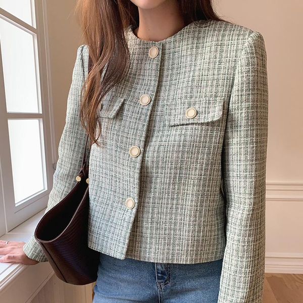 

women's jackets [ewq] korea chic autumn round neck check design loose single breasted long sleeve tweed short coat women fashion 2021 1, Black;brown