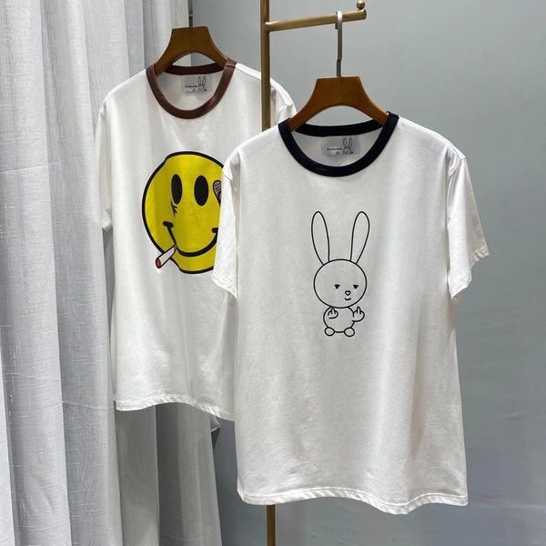 

fashion t shirt 2021 loose korean cartoon print rabbit smiling face short sleeve age reducing round neck thin contrast collar, White