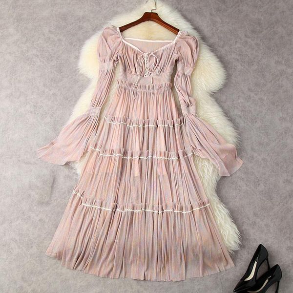 

casual dresses fashion designer 2021 autumn dress women pink black belt patchwork flare sleeve elegant, Black;gray