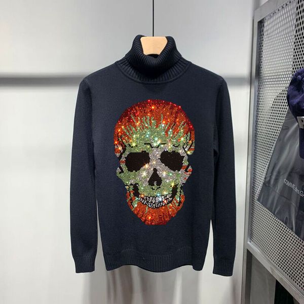 

men's hoodies & sweatshirts overrated luxury puncture turtleneck sweater male skull design knitted sweatshirt 2ypq, Black