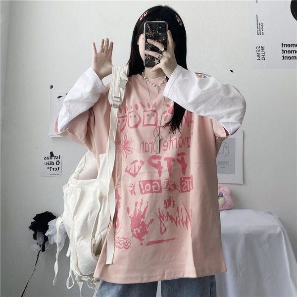 

fake two t-shirt women's autumn korean ins hand print graffiti thin long sleeve bottom shirt loose bf student fashion, White