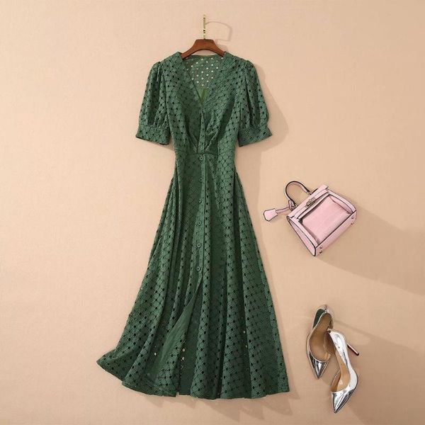 

casual dresses 2021 fashion designer runway dress women's v-neck puff sleeve hollow out green guipure long, Black;gray