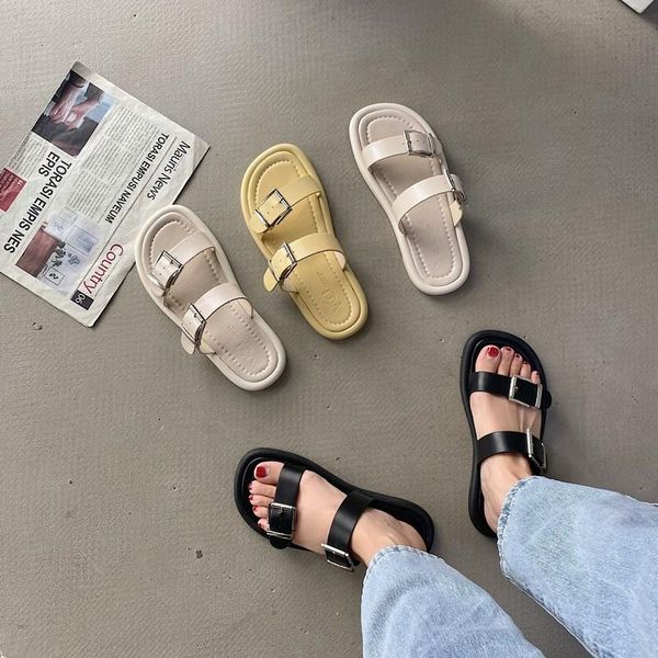 

slippers sandals women's outer wear ins tide 2021 summer style fairy wild fashion flat-bottom roman, Black