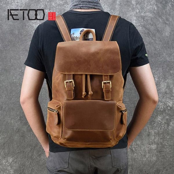 

backpack aetoo men's crazy horse leather backpack, retro first layer travel bag