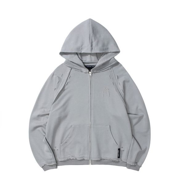 

solid color perforated zipper cardigan coat men's street trend loose hooded sweater bf style sports top, Black