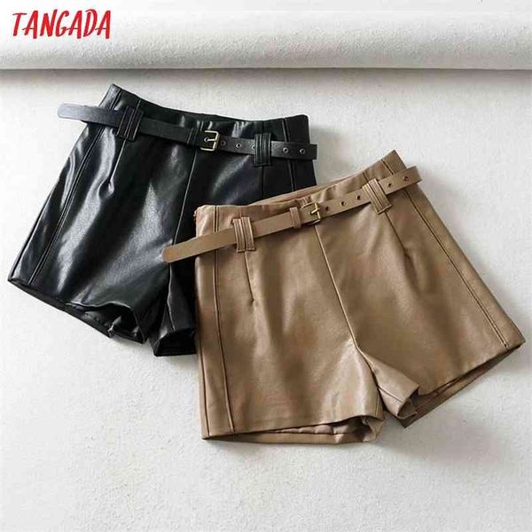 

tangada women brown pu leather skirt shorts with belt zipper female high waist ladies casual shorts 1y07 210331, White;black