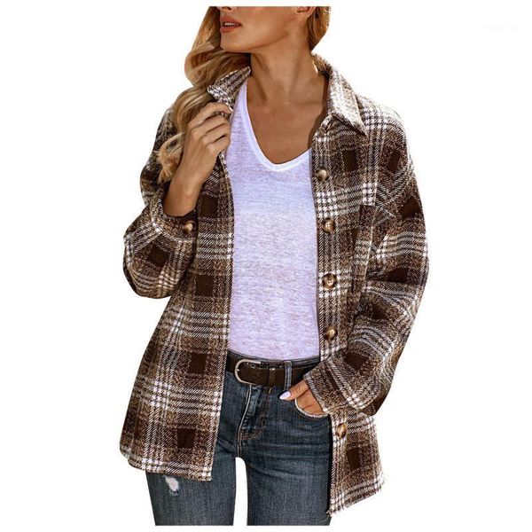 

women's jackets autumn winter fashion women color block plaid button down flannel coats cardigan long sleeve warm pockets coat, Black;brown