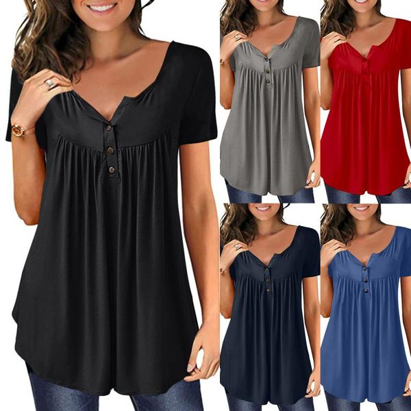

women's blouses & shirts fashion round neck solid button pleated print loose casual top, White