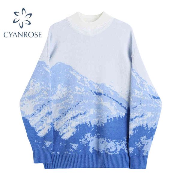 

pullover sweater women streetwear oversized mountain retro knitwear female casual loose hiphop crewneck couple knitted 210417, White;black