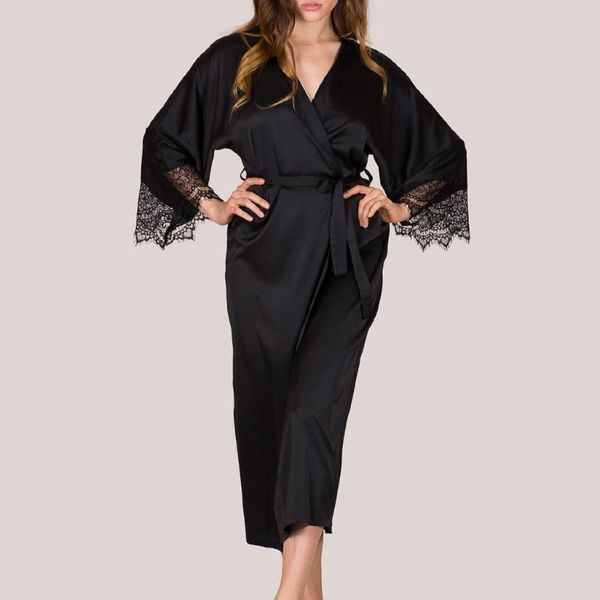 

women's sleepwear lace robes satin solid homewear women black kimono robe de nuit femme lingerie with belt pajamas nightgown, Black;red