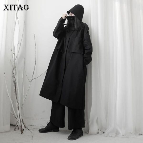 

women's trench coats xitao plus size black women fashion style wide waist 2021 winter elegant full sleeve pocket casual coat dmy1476, Tan;black