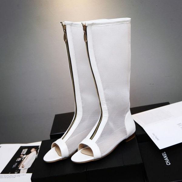 

boots summer 2021 mesh women high front zipper peep toe low heels knee-high long female fashion sandals shoes, Black
