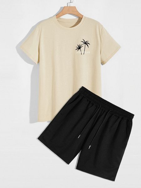 

romwe guys plants and letter print tee & drawstring shorts k0hy#, Gray