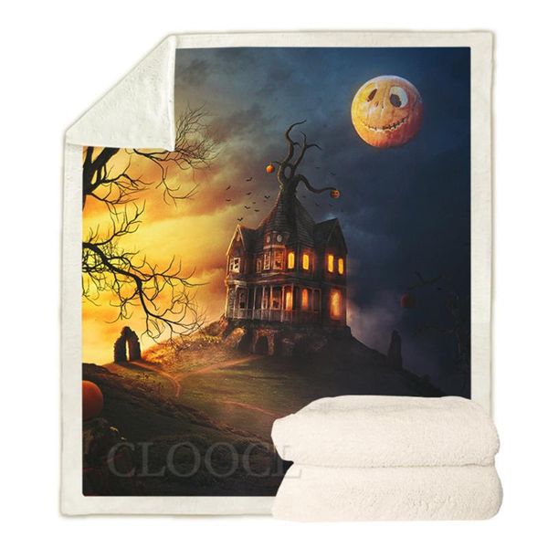 

blankets cloocl halloween theme castle pumpkin moon at dusk print double layer blanket keep warm plush quilts