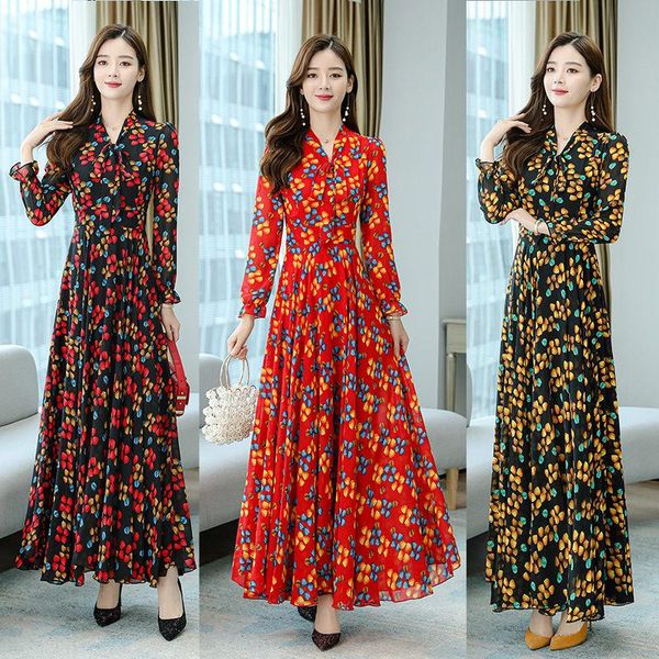 

casual dresses 2021 spring and autumn temperament slimming bow collar chiffon retro long maxi dress fashion boho beach vestido s-4xl k1305, Black;gray