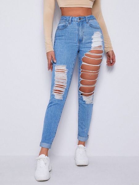

high waist roll hem ripped skinny jeans d37y#, Blue