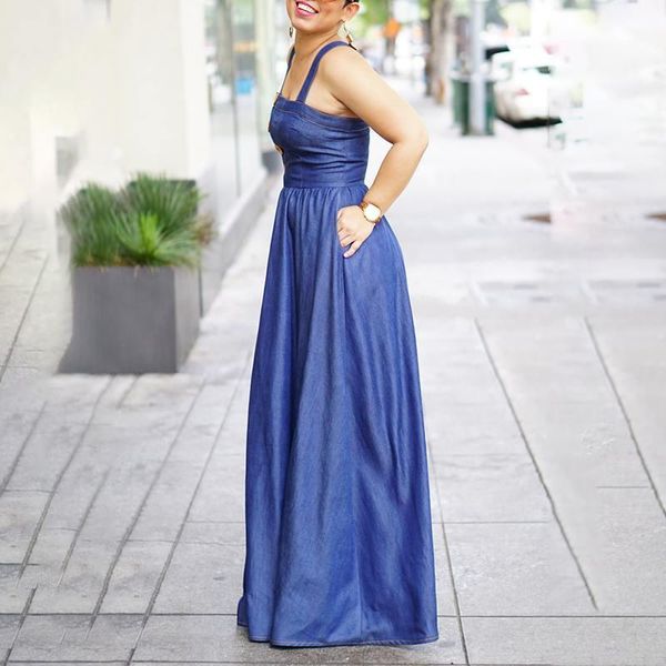 

casual dresses women denim dress vintage sleeveless square collar party floor-length vonda 2021 bohemian sundress plus size vestidos, Black;gray