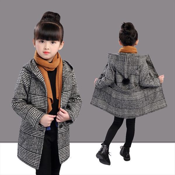 

girls autumn winter coats childrens woolen thickened western windbreaker big children fashion design mid length coat, Blue;gray