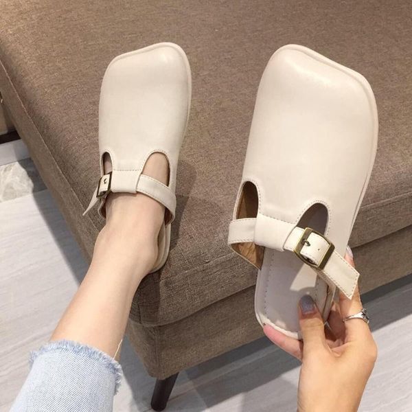 

personality hollow-out outdoor slippers women cozy square toe flats slides korean buckle strap cover femmes pantuflas, Black