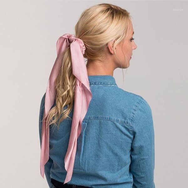 

women solid color long satin ribbon scrunchie ponytail holder elastic hair band gum bow scarf girls accessories1