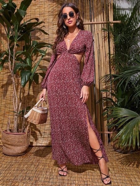 

ditsy floral print twist front cutout split thigh dress she, Black;gray