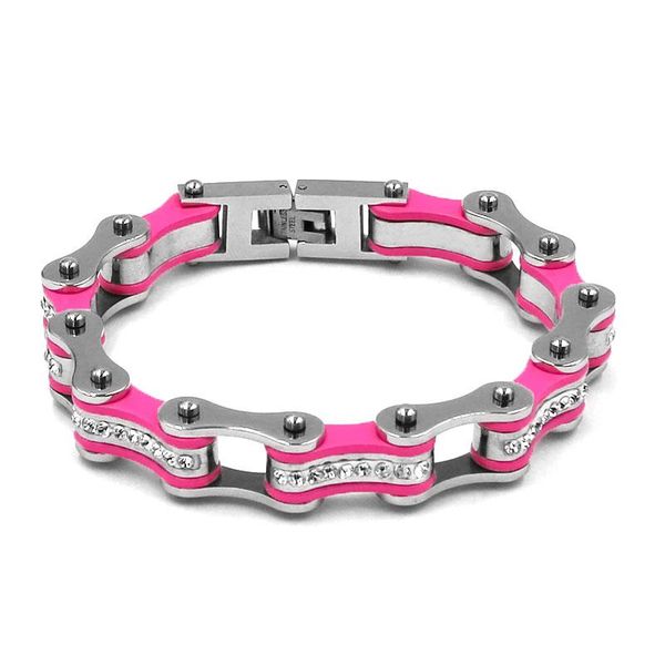 

link, chain bling crystal bicycle motor biker stainless steel bracelet pink red purple violet blue gold black for girls men sjb0366a