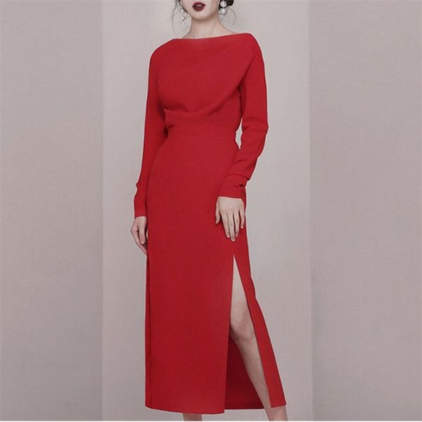 

two piece vintage elegant off shoulder women long sleeve and high waist split female maxi skirt set 210520, White
