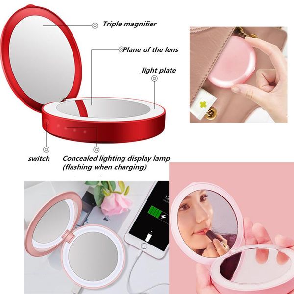 

compact mirrors mini portable pocket led makeup mirror with light rechargeable hand 3x magnifying make-up folding beauty