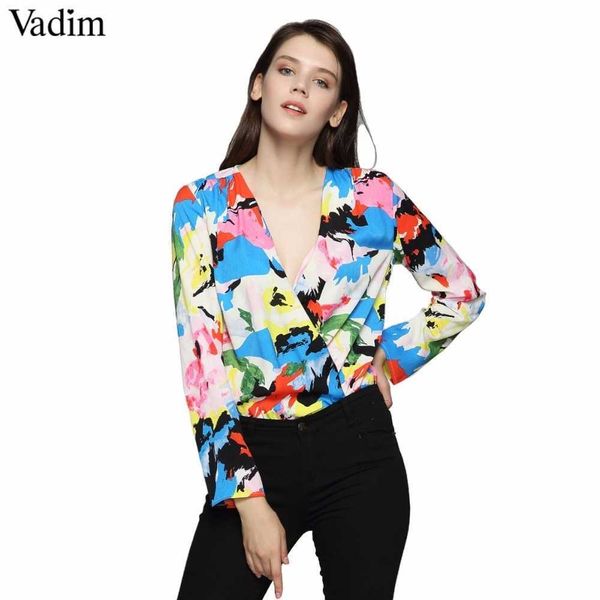 

women v neck floral colorful print bodysuits cross design long sleeve playsuits female streetwear blusas kz1203 q190507, White