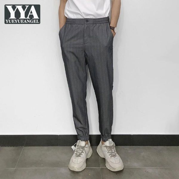 

spring summer mens casual pants elastic waist striped suit dark gray straight sweatpants male fashion lightweight trousers men's, Black
