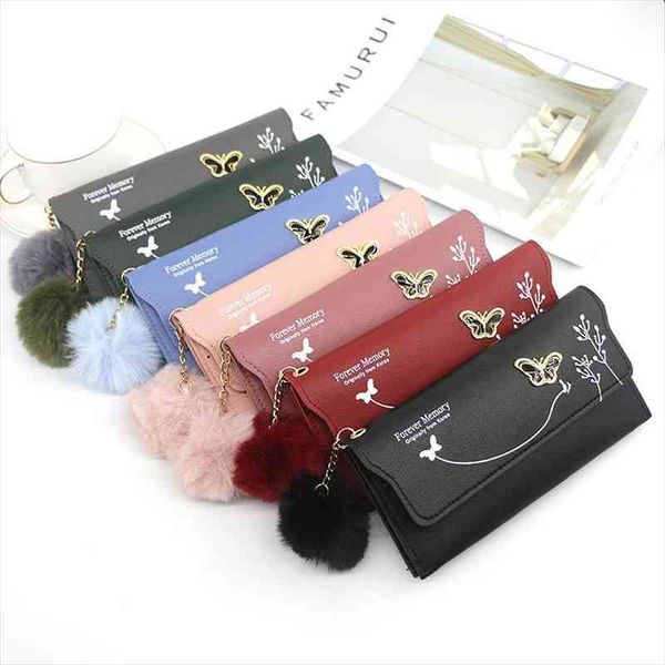 

leather wallets fashionable women long pure color wool ball bow clutch bag womens card coin purse, Red;black