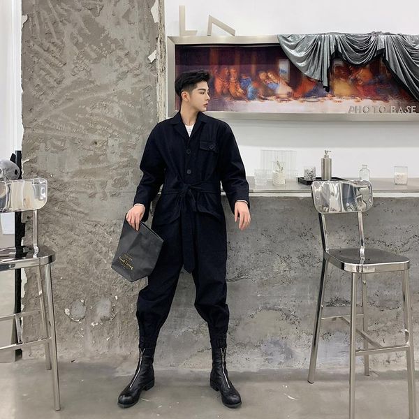 

fashion streetwear mens overalls harajuku vintage hip hop casual green harem pant male long sleeve jumpsuit trousers men's pants, Black