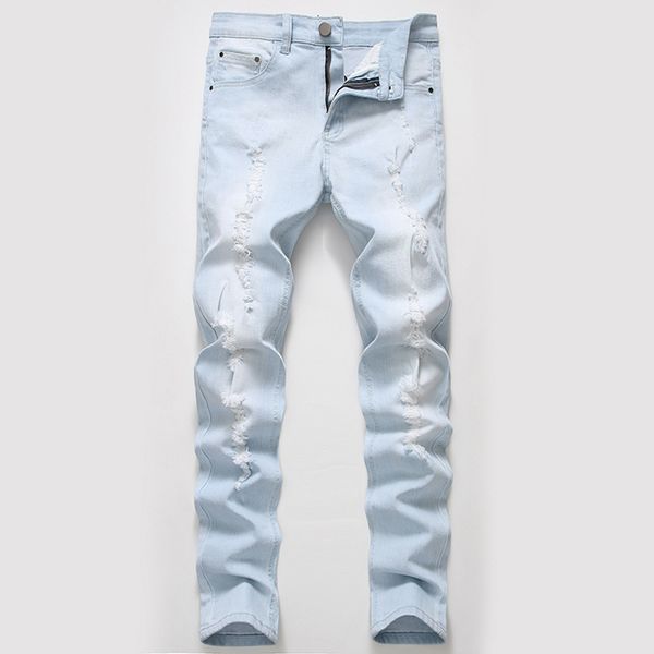 

brand straight slim stretch fall light blue ripped men's jeans
