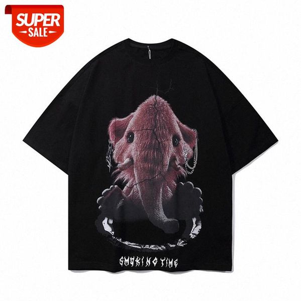 

american high street multicolor printed t-shirt loose oversize tide brand elephant print short-sleeved tee male #xr0p, White;black