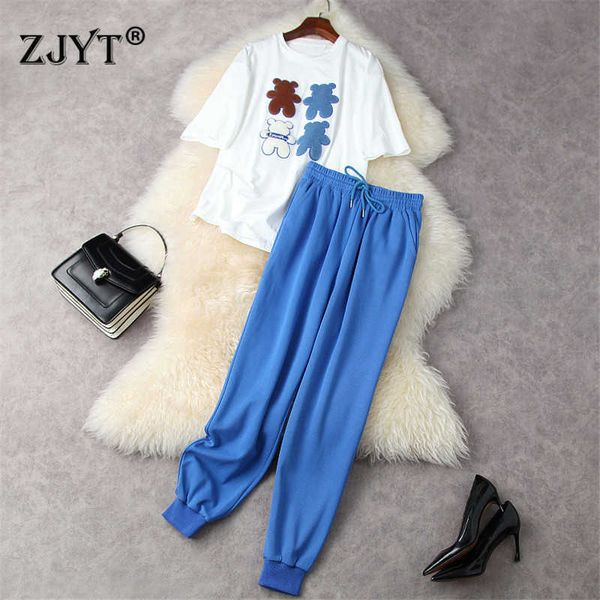 

summer street style casual suit women fashion short sleeve embroidery cartoon loose t shirt+pants two piece sets tracksuits 210601, White