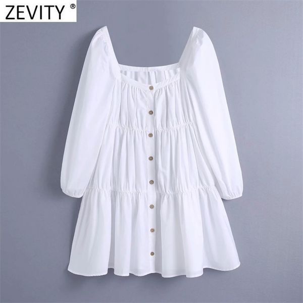 

women vintage square collar single breasted pleats poplin mini dress female chic puff sleeve white kimono vestidos ds8198 210420, Black;gray
