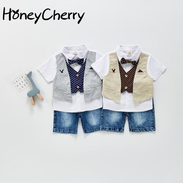 

clothing sets 2021 summer boy treasure suit bow tie polka dot two-piece shirt denim shorts toddler clothes, White