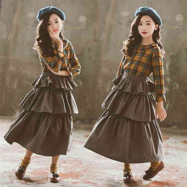 

winter children sets casual long sleeve plaid t-shirt gray solid ruffles skirt 2pcs girls clothes 3-12t 210629, White