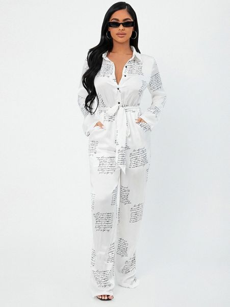 

sxy slogan graphic belted satin jumpsuit c0px#, White