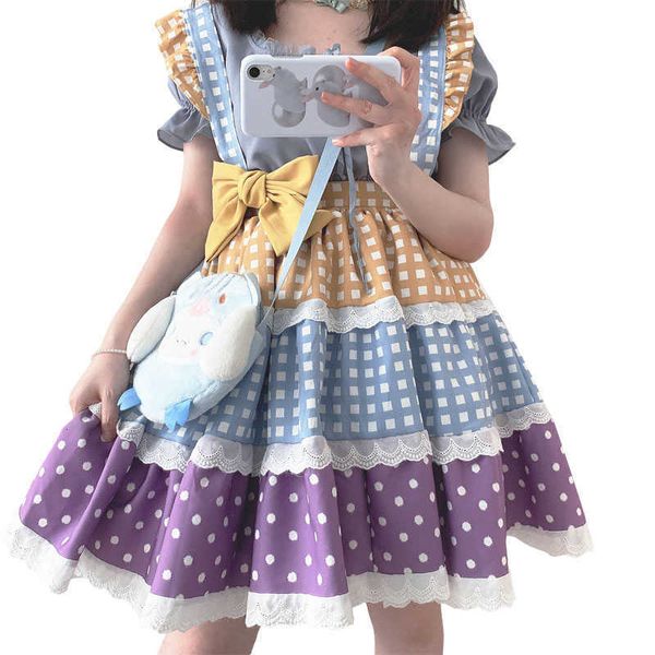 

skirts japanese kawaii high-waisted skirt girls 2021 lolita cute lace ruffle plaid polka dot pleated aesthetic teens suspender 08h, Black