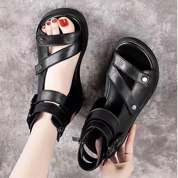 

sandals 2021 fish mouth genuine leather summer roman shoes women platform heighten shoe wedges, Black