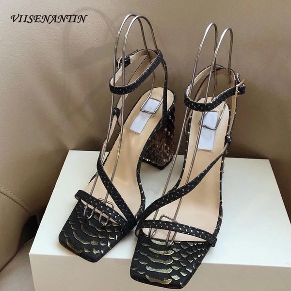 

sandals snake pattern cowhide gradient crystal thick heel summer ladies elegant, Black