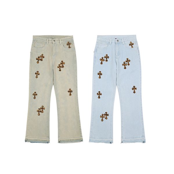 

crosin high street cross embroidered overalls micro flared loose straight jeans, Black