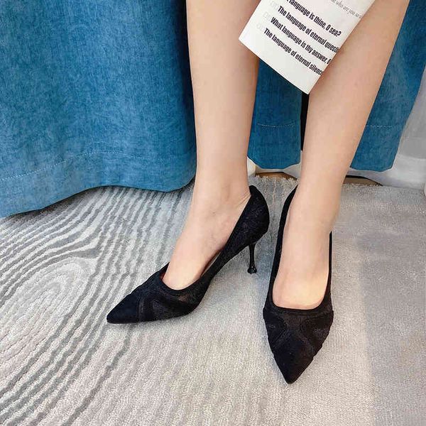 

6885-r17 hollow out high heels women's spring girls' mesh breathable thin heel pointed single shoes, Black
