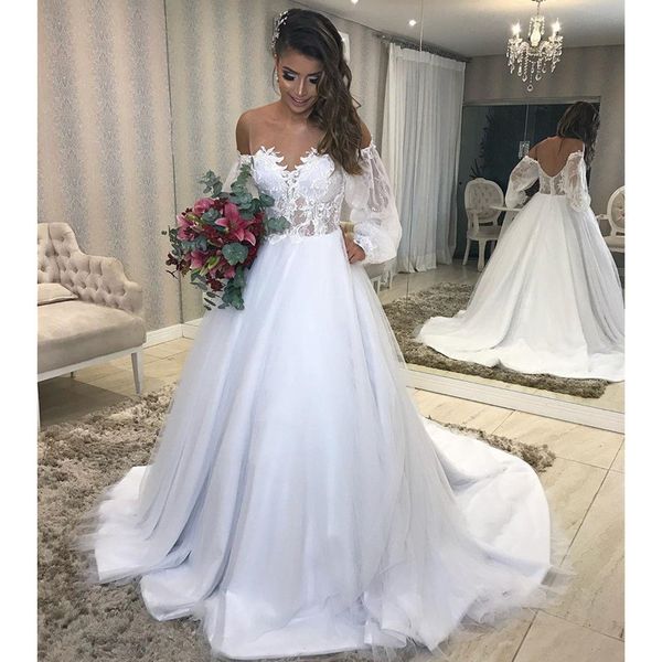 

2021 modern bateau bohemian wedding dress juliet long sleeve romantic lace appliques v open back bridal gowns vestidos de novia new, White