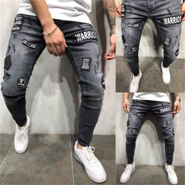 

trendy men skinny jeans biker destroyed frayed fit denim ripped denim pants side stripe pencil pants hip hop streetwear s-3xl x0621, Blue