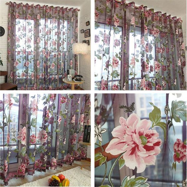 

purple floral voile door window curtain drape panel sheer scarf valances & drapes