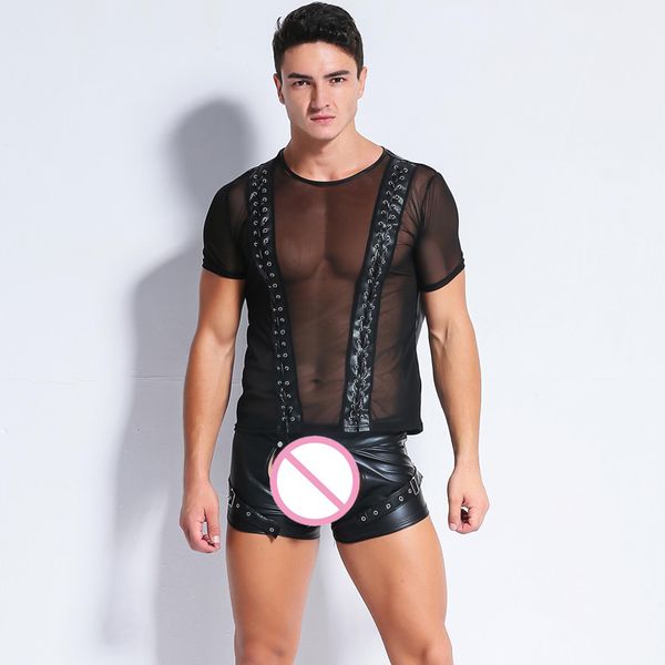 

men gothic mesh pu faux leather patchwork t-shirts bandage cool men night tight shirts leather slim shirt plus size f40, Black;white